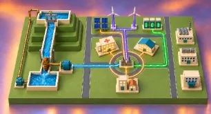 Concept image of a dam feeding a small town layout