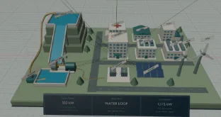 Concept image of a display board with a dam, buildings and wind turbines