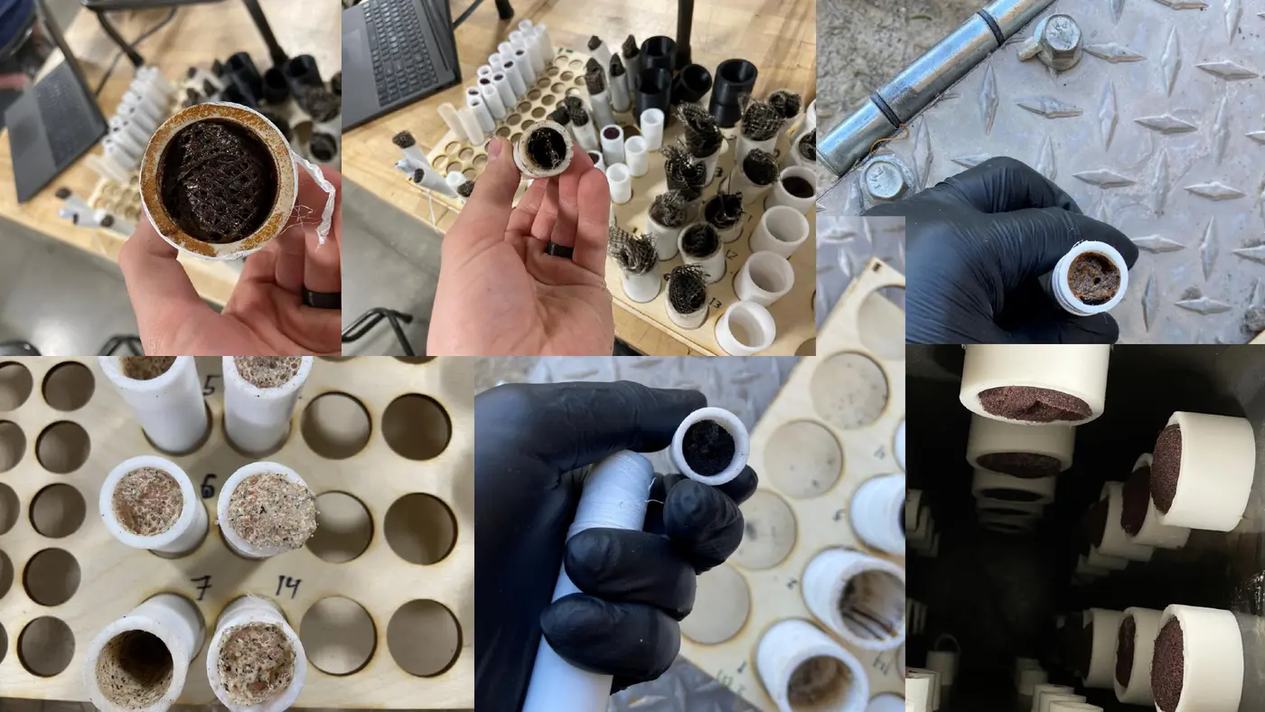 Collage of packed vent tubes after a molding cycle, showing discolored and partly melted RotoMesh, Scotch-Brite, steel wool, and insulation